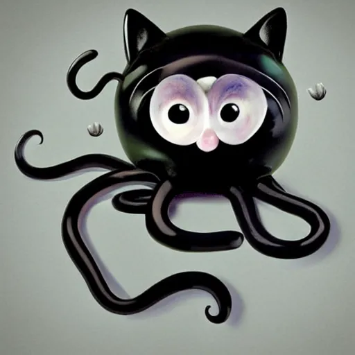 Image similar to a cute cat art of black ink cat slime in form of liquid black cat with tentacles , claymation, Aardman animation