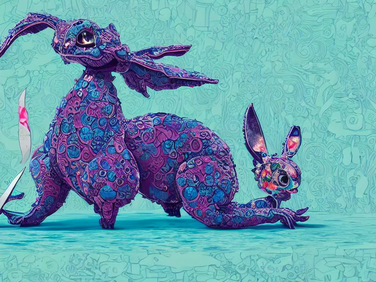Image similar to a cute fluffy rabbit standing in a pool of water and holding a knife makes slicing motions through the air. Alebrijes Aesthetic, lowbrow, pop surrealism art style, contemporary art illustration, Toon Render Keyshot, intricate, chinese caligraphic ink on rice paper, 8K detail post-processing, rob israelart anatomical study,