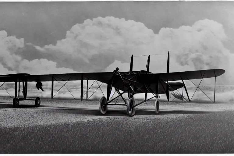 Image similar to still photo of the wright brothers taking off an airplane for the first time, black and white color photograph, highly detailed, photorealistic shot, bright studio setting, studio lighting, crisp quality and light reflections, unreal engine 5 quality render