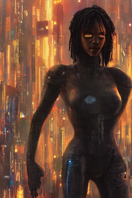 Image similar to a beautiful young Black woman, cyberpunk, Blade Runner city background, highly detailed, artstation, illustration, art by Gustav Klimt