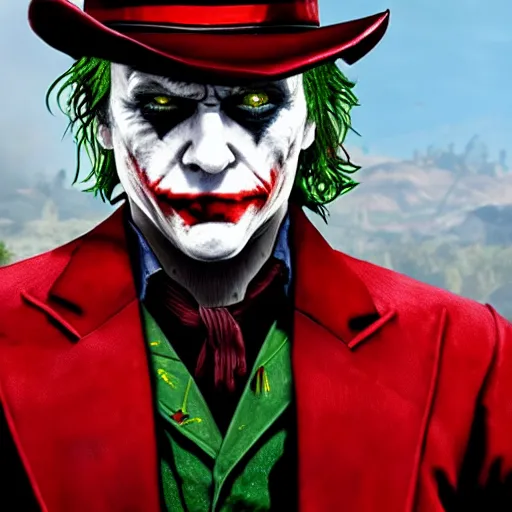 Image similar to The Joker in Red Dead Redemption 2, 4K, detailed