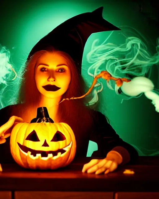 Image similar to close up portrait, serious teen witch mixing a spell in a cauldron, a cat is on the table, jack o lantern, wispy smoke fills the air, a witch hat, cinematic, green glowing smoke is coming out of the cauldron, strange ingredients on the table, strange apothecary shelves in the background, goosebumps movie