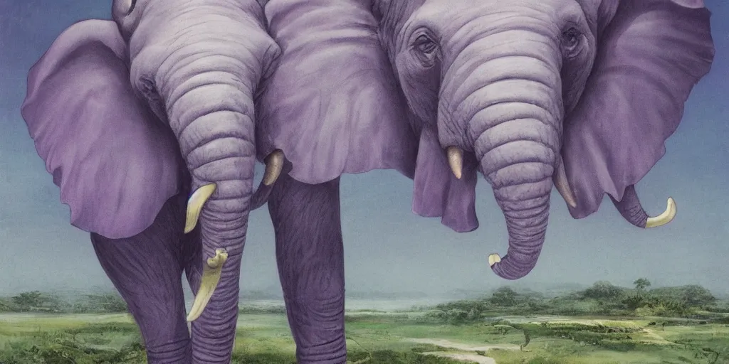 Image similar to a single purple elephant flying in the air like dumbo during a storm, close up of elephant with ground behind, illustration, detailed, smooth, soft, cold, by Adolf Lachman, Shaun Tan, Surrealism