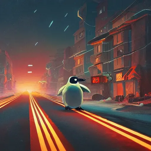 Prompt: A mecha penguin layed down in a street road, with the lights on, 8k resolution, hyperdetailed, cinematic lighting,by Simon Stålenhag
