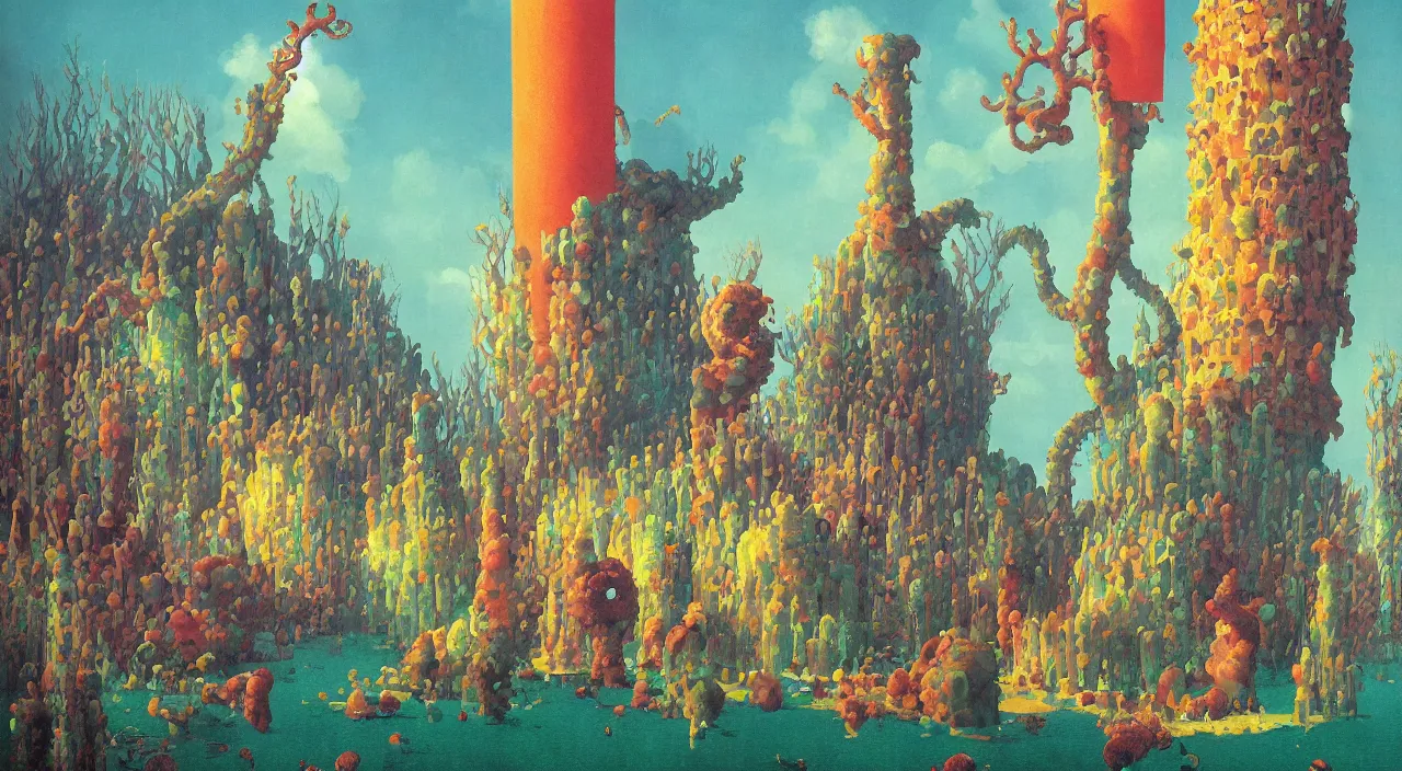 Prompt: single flooded coral tentacle tower, very sharp coherent and colorful high contrast!! masterpiece by rene magritte simon stalenhag carl spitzweg syd mead norman rockwell edward hopper james gilleard, overdetailed, dark shadows, sunny day, hard lighting