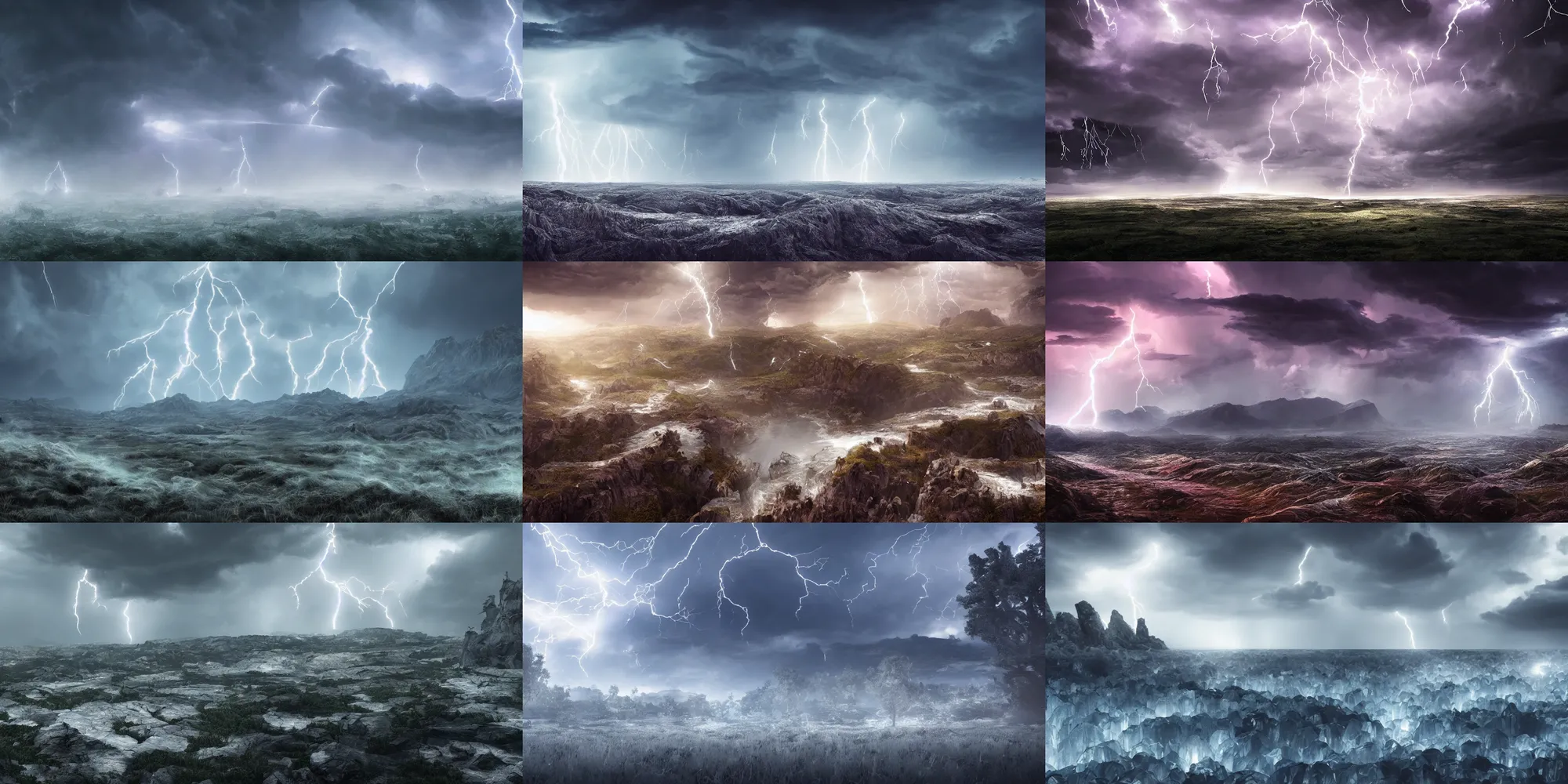 Prompt: landscape made of crystal, lightning storm, cinematic, detailed, epic, widescreen, opening, establishing, mattepainting, photorealistic, 4 k, octane render