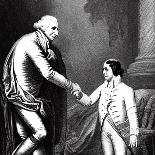 Image similar to short scary alien shaking hands with george washington in an 1800s photograph