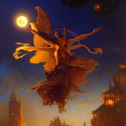 Image similar to witch flying, trough the night, fantasy, full moon in background. highly detailed painting by gaston bussiere, craig mullins, j. c. leyendecker 8 k