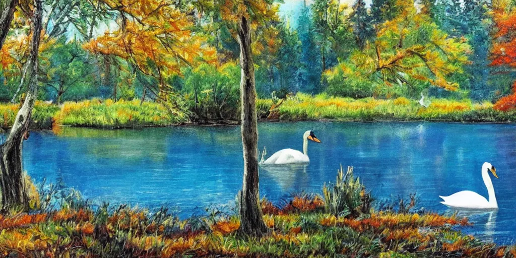 Image similar to painting of a small lake with one swans in it, in a forest, blue water, stunning colors, fairytale