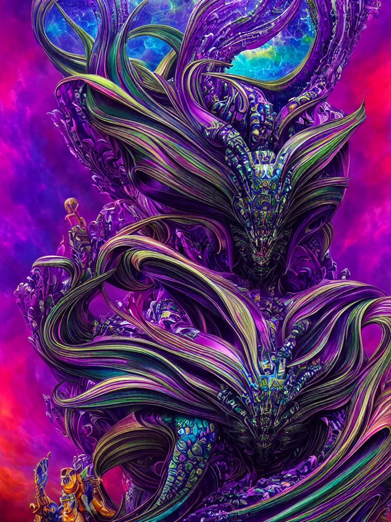 Image similar to depicting a wrathful technological nightmare monster god, in the style of lisa frank, exuberant organic elegant forms, by karol bak and filip hodas : : 1. 4 purple, red, blue, green, black intricate mandala explosions : : intuit art : : turbulent water backdrop : : damask wallpaper : : atmospheric