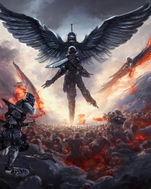 Image similar to a detailed digital painting of the most archangel battalion commander leading the charge against hells spawn. trending on artstation, supernatural, unreal engine, atmospheric, epic, crisp, detailed