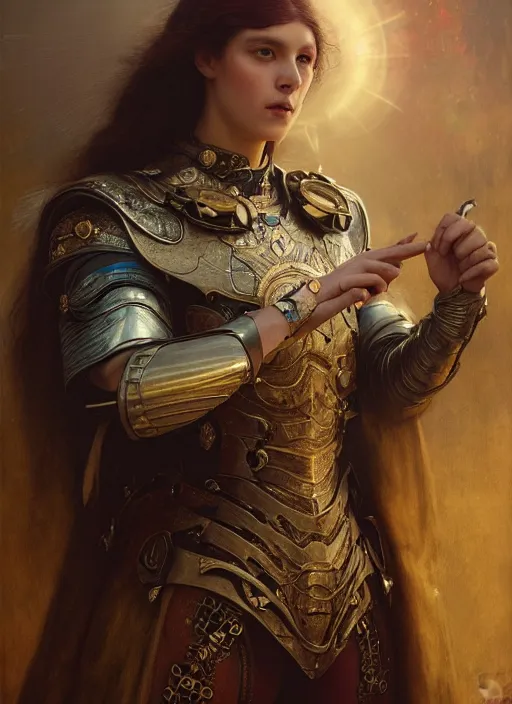 Image similar to hyper realistic knight casting a spell, refined details, denoised, birds eye view, magical, gems, jewels, gold, steampunk, cyberpunk utopia, painted by tom bagshaw, mucha, gaston bussiere, craig mullins, j. c. leyendecker 8 k