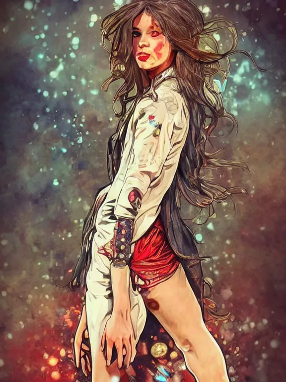 Image similar to digital illustration of a girl with eyes that burn like cigarettes wearing a short skirt and a long jacket with fingernails that shine like justice, dramatic lighting, photorealistic, extreme detail, 4 k, colorful, artgerm and alphonse mucha, watercolor