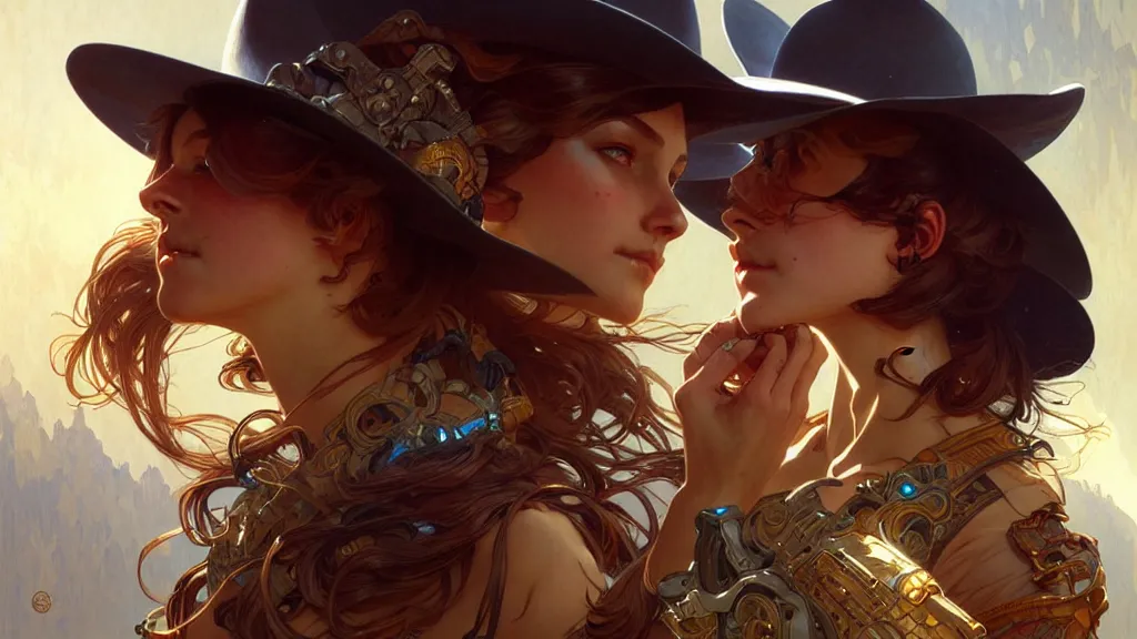 Image similar to cowboy dream, sci - fi, stunning, intricate, elegant. highly detailed, digital painting. artstation. smooth. sharp focus. illustration. art by artgerm and greg rutkowski and alphonse mucha