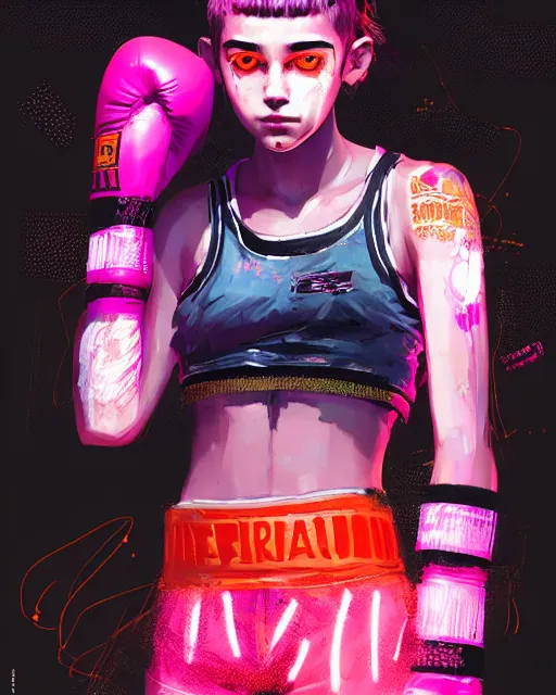 Image similar to detailed portrait Neon boxer Girl, cyberpunk futuristic neon, reflective crop top and shorts, boxing gloves, decorated with traditional Japanese ornaments by Ismail inceoglu dragan bibin hans thoma greg rutkowski Alexandros Pyromallis Nekro Rene Maritte Illustrated, Perfect face, fine details, realistic shaded, fine-face, pretty face