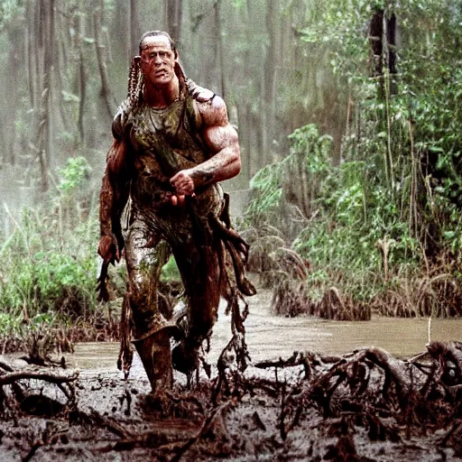 Image similar to film still of john cena as major dutch, covered in mud and hiding from the predator predator predator in swamp scene in 1 9 8 7 movie predator, hd, 4 k