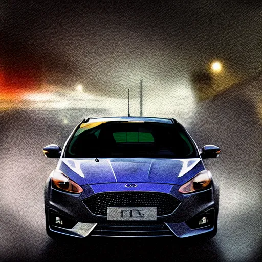 Prompt: ford focus st, fast shot, at night, mist, dark lighting, digital painting, art,