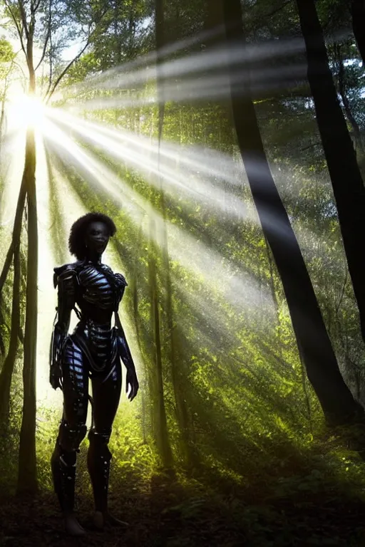 Image similar to hyperrealistic very beautiful black woman, highly detailed exoskeleton armor in a forest, sun behind her soft god rays, concept art eric zener elson peter, dramatic light low angle hd 8k sharp focus