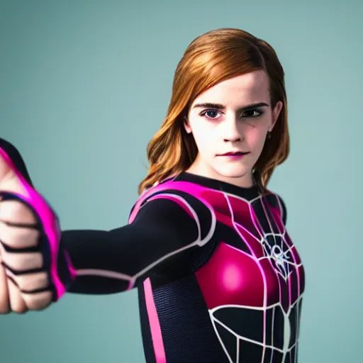 Image similar to Photo of Emma Watson cosplaying as spidergwen and doing a peace symbol with her hand. High quality DSLR photoshoot.