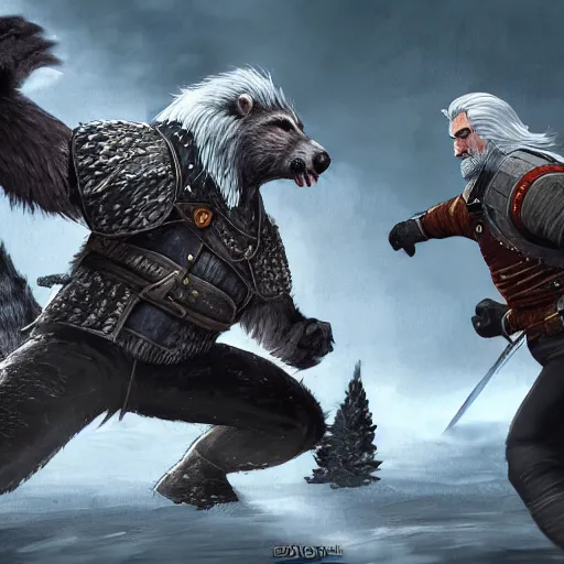 Prompt: geralt of rivia vs a giant racoon, digital art