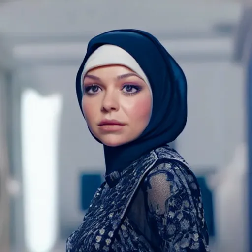 Prompt: A portrait of actress Ester Expósito from Elite is wearing a hijab , high quality, fully detailed, 4k