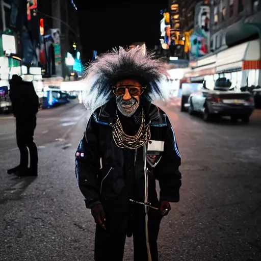 Prompt: far shot of 1 0 0 year old black man wearing ski goggles, he has a mischievous grin and a tattered moncler jacket and a variety of golden necklaces, bracelets, and rings. his hair is wild and unkempt. cold color temperature, new york city streets at night, steam rising from the streets, backlit,