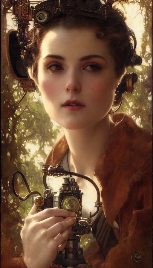 Image similar to hyper realistic photographer looking through camera, magical, steampunk, painted by norman rockwell, tom bagshaw, mucha, gaston bussiere, craig mullins, j. c. leyendecker 8 k