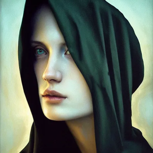Image similar to a portrait of a young woman wearing a long dark cloak, hood and shadows covering face, anatomically correct, beautiful perfect face, enigmatic, oil painting, matte painting, black background, Volumetric Golden dappled dynamic lighting, Highly Detailed, Cinematic Lighting, Unreal Engine, 8k, HD, by Beksinski