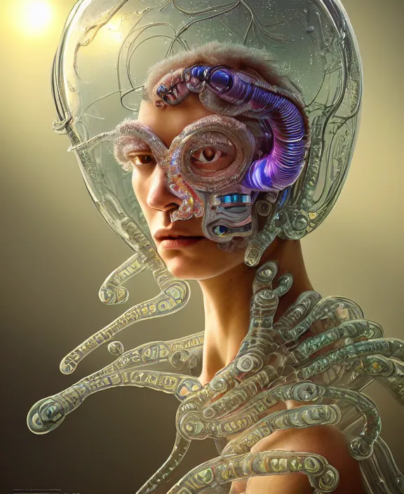 Image similar to intricate ornate opulent transparent clear see - through portrait of a cybernetic beautiful male alien sea slug, mottled coloring, adorable, childlike, apocalyptic environment, ultra realistic, concept art, art nouveau, photorealistic, octane render, 8 k, unreal engine. art by christopher marley and artgerm and greg rutkowski and alphonse mucha