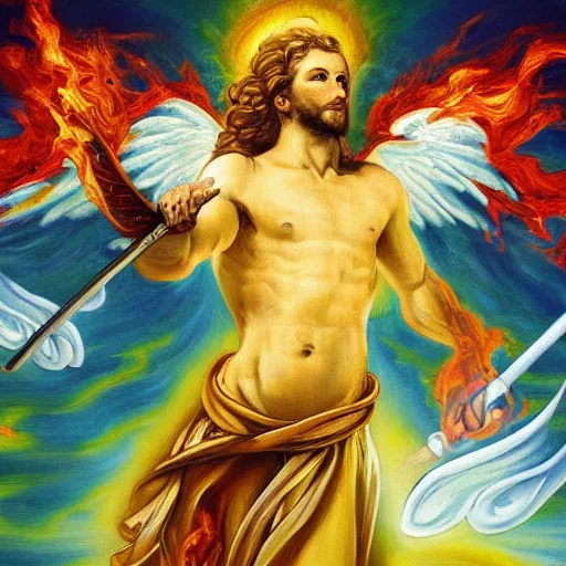 Image similar to abstract action oil painting of divine angelic man with white ancient Canaanite robes holding a flaming sword, paradise in the background, energetic