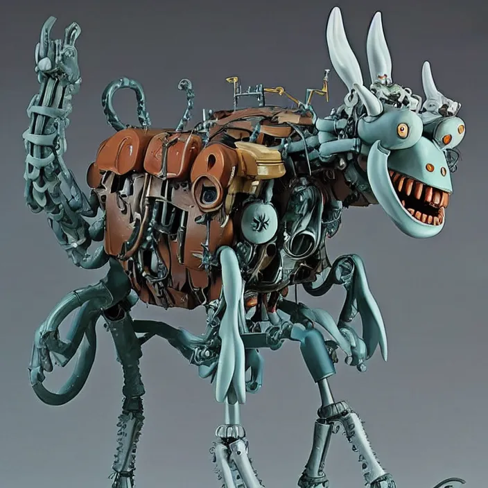 Image similar to A Lovecraftian scary giant mechanized adorable Mule from Studio Ghibli Howl's Moving Castle (2004) as a 1980's Kenner style action figure, 5 points of articulation, full body, 4k, highly detailed. award winning sci-fi. look at all that detail!