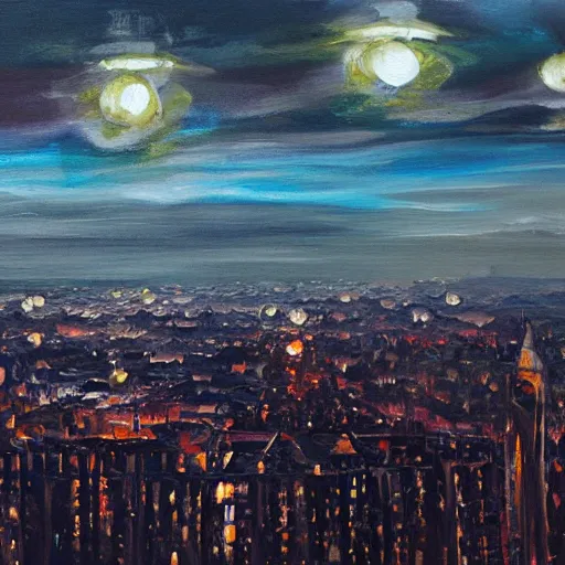 Prompt: a eldritch horror overtop london at night, Oil painting