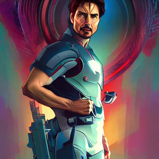 Image similar to Tom Cruise as Tony Stark, ambient lighting, 4k, alphonse mucha, lois van baarle, ilya kuvshinov, rossdraws, artstation