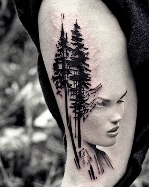 Image similar to creative double exposure effect tattoo design sketch of megan fox faded in beautiful mountain scenery, realism tattoo, in the style of matteo pasqualin, amazing detail, sharp