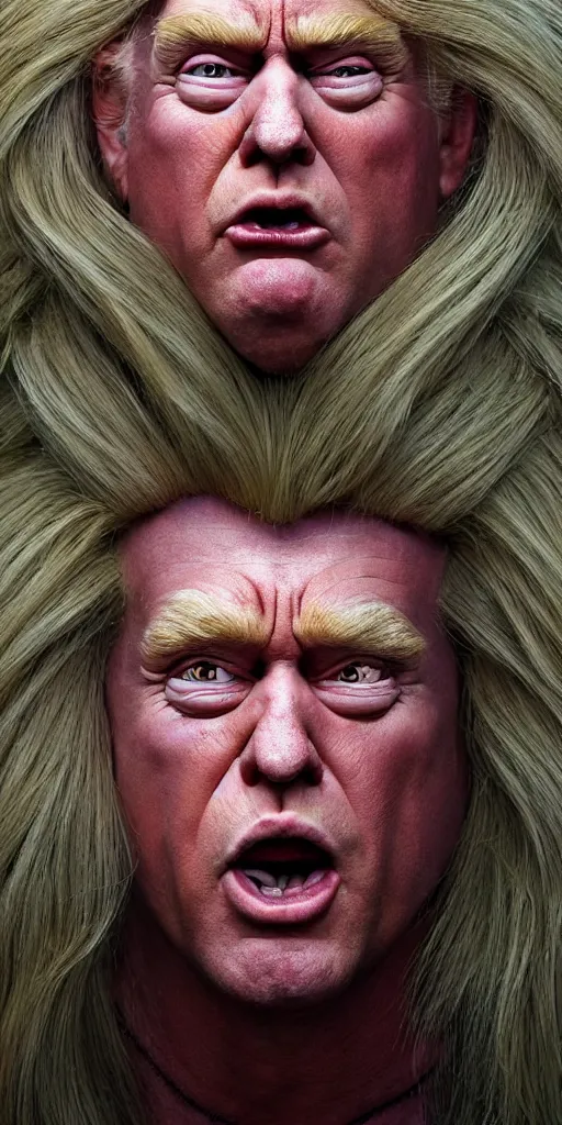 Prompt: hyperrealistic mixed media painting of Trump as a Norwegian Troll doll, stunning 3d render inspired art by P. Craig Russell and Barry Windsor-Smith + perfect facial symmetry + dim volumetric lighting, head and shoulders, serious expression, 8k octane beautifully detailed render, post-processing, extremely hyperdetailed, intricate, epic composition, grim yet sparkling atmosphere, cinematic lighting + masterpiece, trending on artstation, very detailed, masterpiece, stunning