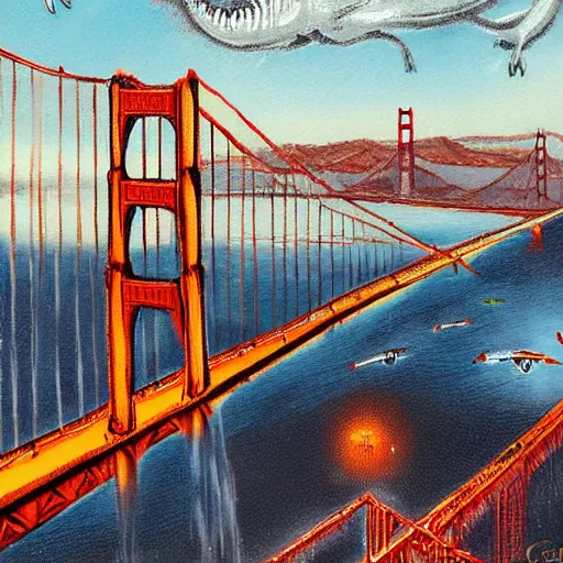 Prompt: a swarm of rabid rats invading the golden gate bridge by basil gogos