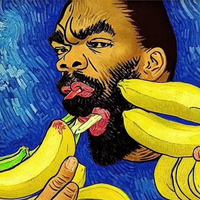 Prompt: method man licking a banana in the style of van gogh