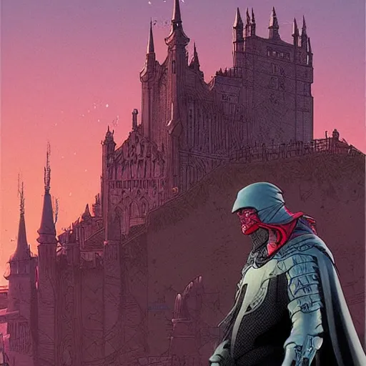 Prompt: a portrait of a noble lord with a dark veil in a scenic environment by josan gonzalez and moebius, castle in the background,