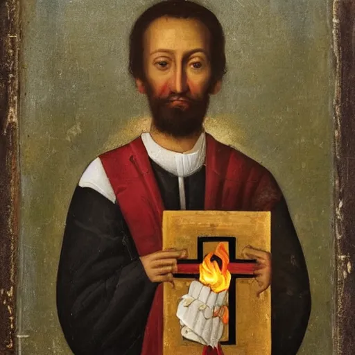 Prompt: a beautiful! portrait of a stern preacher holding a burning cross