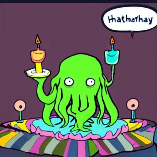 Image similar to Cthulhu having a great birthday party with his human followers and fans bringing him presents