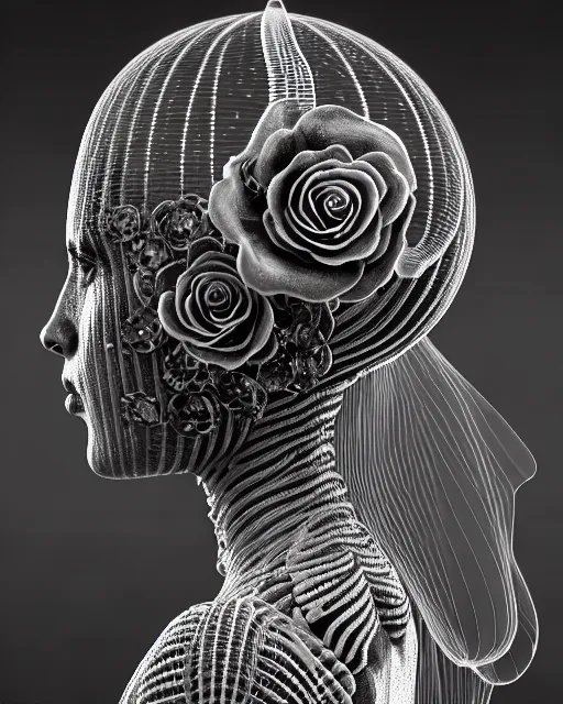 Image similar to mythical dreamy black and white organic bio - mechanical spinal ribbed profile face portrait detail of translucent steampunk beautiful female angelic - human - queen - vegetal - cyborg, highly detailed, intricate crystal ivy jelly ornate, poetic, translucent roses ornate, 3 d render, digital art, octane render, 8 k artistic photography, photo - realistic, by dora maar