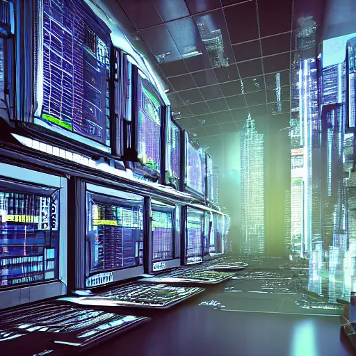 Prompt: “looking out over a 3D model of a cyberpunk city. Scene rendered inside of a large server room. The computer servers are actually the buildings in the city.”