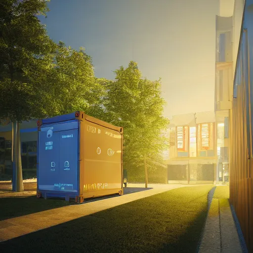 Prompt: photo of glowing sci fi container powering a modern peaceful hospital in a pleasant urban setting with trees, day - time, sun overhead, award - winning, high res, 4 k, artstation