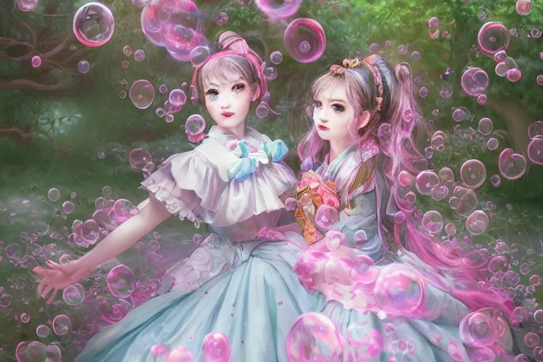 Prompt: creepy portrait of magical lolita girl in a Japanese garden, dreamy and ethereal, expressive pose, big pink eyes, peaceful expression, ornate frilly dress, fantasy, intricate, elegant, many rainbow bubbles, rose tones, dynamic lighting, highly detailed, 8k, digital painting, artstation, concept art, smooth, sharp focus, illustration, art by artgerm and greg rutkowski and alphonse mucha