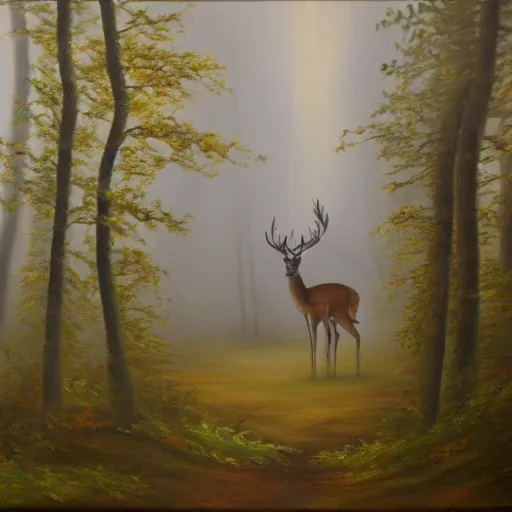 Prompt: an oil painting of a foggy forest with a spring and a deer