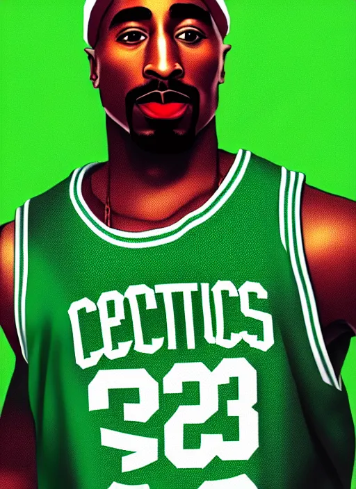 Image similar to portrait of tupac shakur, boston celtics jersey number 3 4, green, white, cartoon digital art, oil on canvas, trending on artstation, octane render