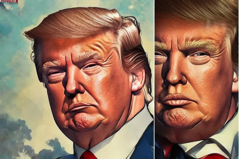 Image similar to donald trump as superman, detailed portrait, realism, 4 k, art by greg rutkowski, alphonse mucha, artistic, trending on artstation, beautiful mural