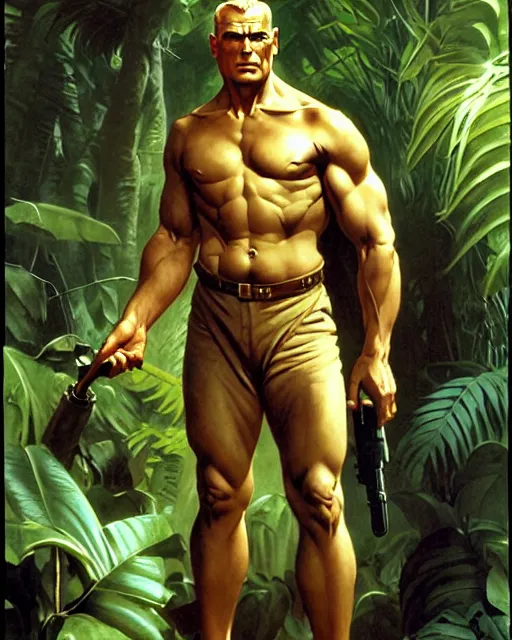 Prompt: doc savage in the jungle, fantasy character portrait, ultra realistic, concept art, intricate details, highly detailed by james bama, william adolphe bouguereau and frank frazetta