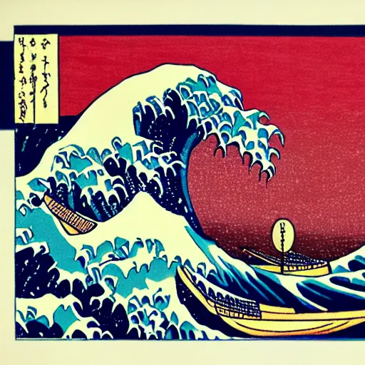 Prompt: whale about to swallow a swimming man, woodblock print, style of hokusai, fine art, style of the great wave off kanagawa, painting