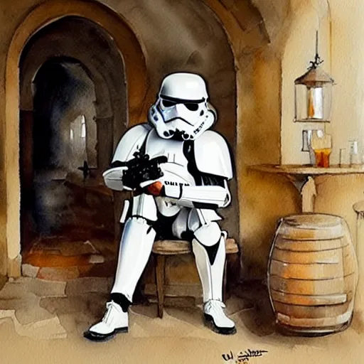 Prompt: stormtrooper and hot blonde drinking wine in a cellar, romantic, cozy, inviting, detailed, beautiful, atmospheric, impressionism, watercolor by vladimir volegov